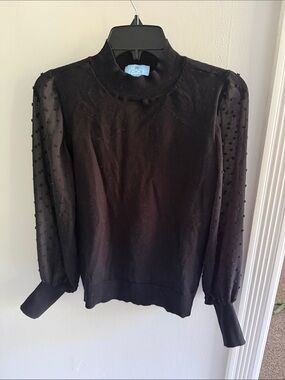 CeCe Black Mock Neck Top with Sheer Dot Sleeves